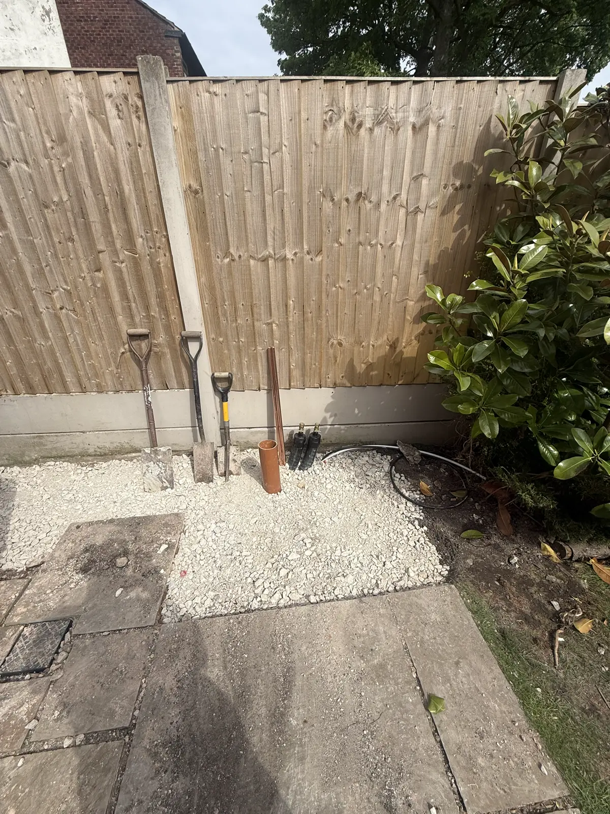 Patio base and soakaway preparation for the outdoor heat pump unit