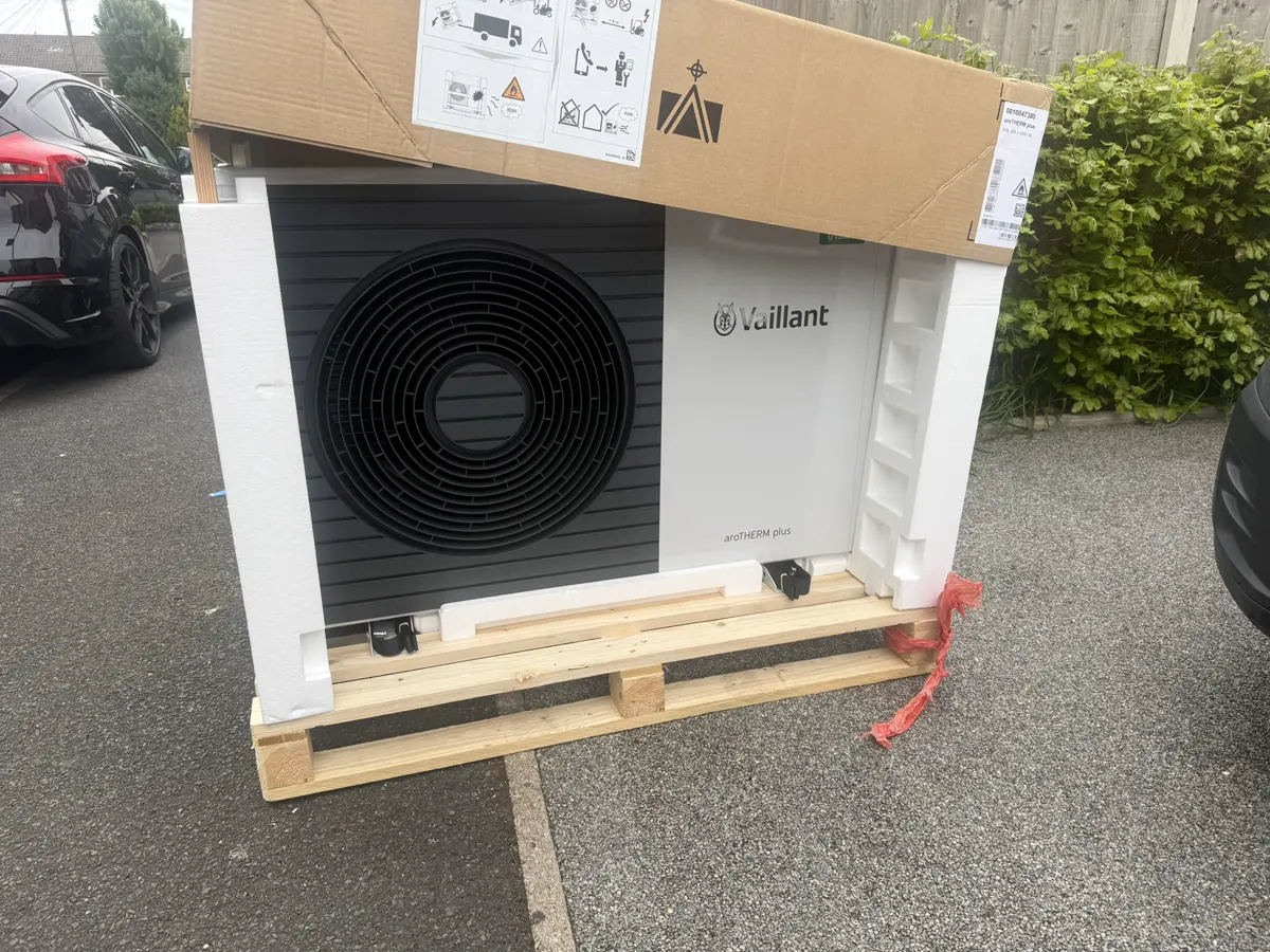 Vaillant aroTHERM plus outdoor unit delivered on a pallet