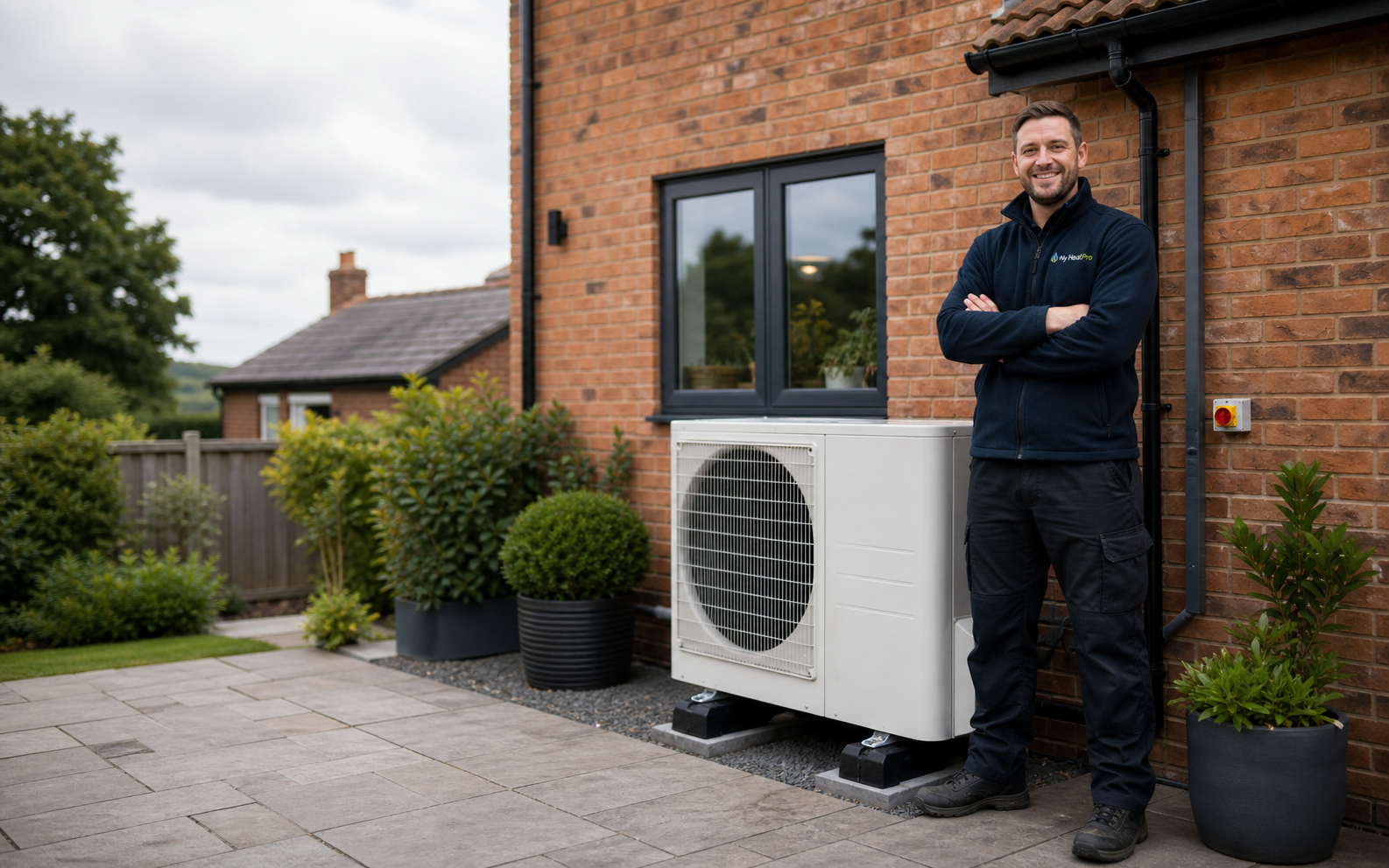 Heating engineer beside an air source heat pump at a Cheshire-style home
