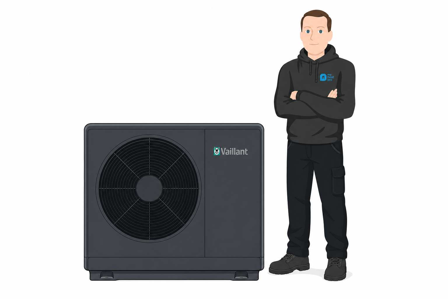 Martyn from My HeatPro beside a Vaillant air source heat pump